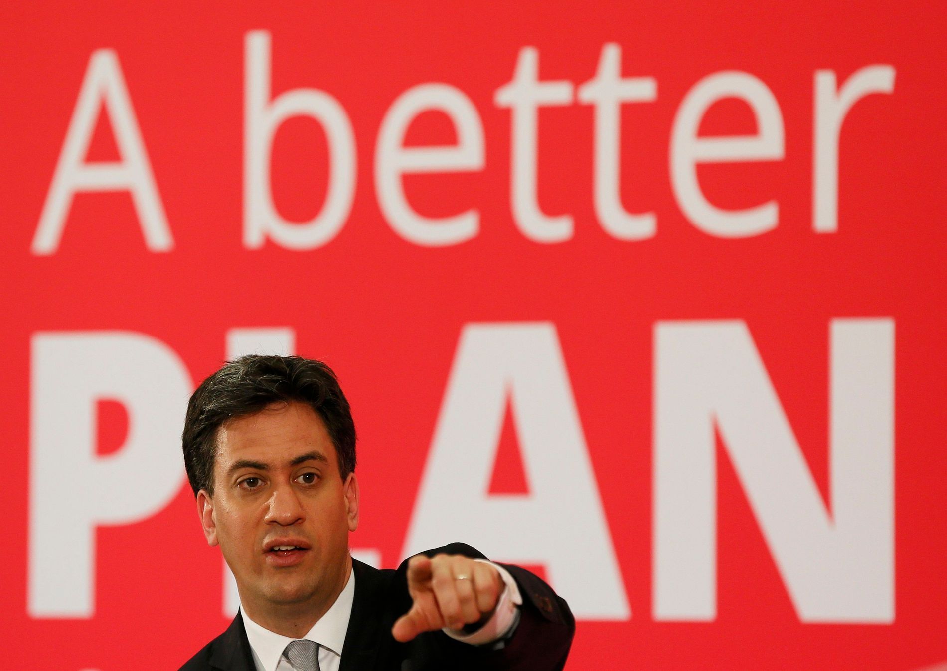 Britain's opposition Labour Party leader Ed Miliband gestures as he hosts a People's Question Time in Kempston