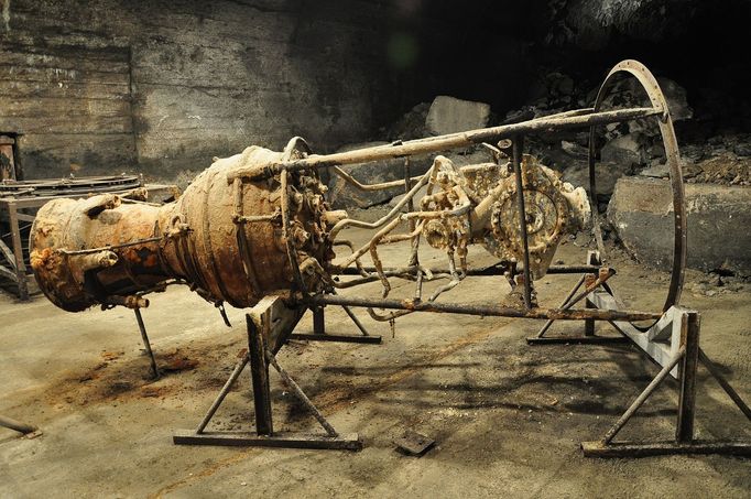 A rusty V2 rocket engine in the underground production facilities of the Nazi concentration camp Dora-Mittelbau (Nordhausen, Thuringia, Germany). V1's and V2's were produ