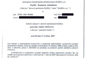 Pracovní smlouva generálního ředitele Sazky Aleše Hušáka