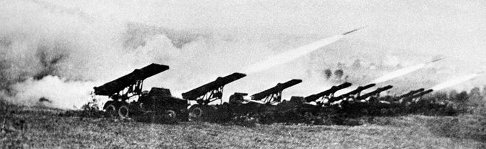 Soviet Katyusha rocket launchers, 1942 Soviet Katyusha rocket launchers being used in Stalingrad, USSR, in 1942, to attack German positions during World War II. War broke out between Germany and the USSR in June 1941, when Germany invaded the USSR. Katyushas were a type of multiple rocket launcher developed by the USSR before and during World War II. Compared to normal artillery, these launchers were more mobile, and though less accurate could still saturate an area with explosives and then redeploy elsewhere. Photographed on 21st October 1942, during the Battle of Stalingrad.