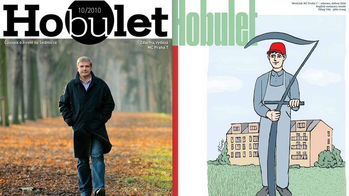 Časopis Hobulet v roce 2010, kdy jej pro Prahu 7 vydávala firma Mauri (vlevo, na titulní stránce tehdejší starosta Marek Ječmének) a nyní, kdy jej za zhruba polovinu vydává radnice sama (vpravo)