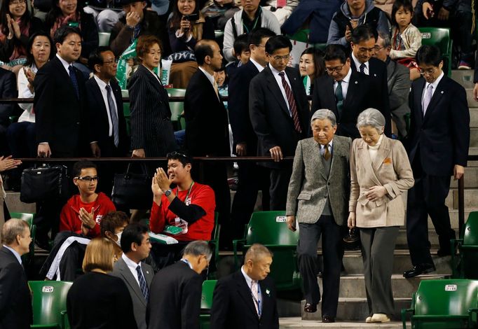 Japan's Emperor Akihito and Empress Michiko attend the Davis Cup quarter-final men's doubles tennis match between Japan's Ito and Uchiyama, and Czech Republic's Stepanek