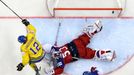 Sweden's Joakim Lindstrom (L) celebrates the goal of team mate Oscar Moller (unseen) as goaltender Alexander Salak of the Czech Republic (C) reacts during the first perio