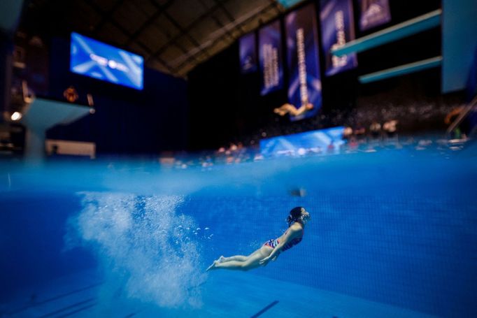 Fukuoka 2023 World Aquatics Championships - Diving - Fukuoka Prefectural Pool, Fukuoka, Japan - July 18, 2023 A diver in action during a practice session. REUTERS/Stefan