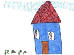 Chlapec, 7 let: Spokojené dítě. Domek je pečlivě provedený, pěkně barevný, s květinami v oknech. Je zasazen do zimní krajiny, protože byl nakreslen na konci února.