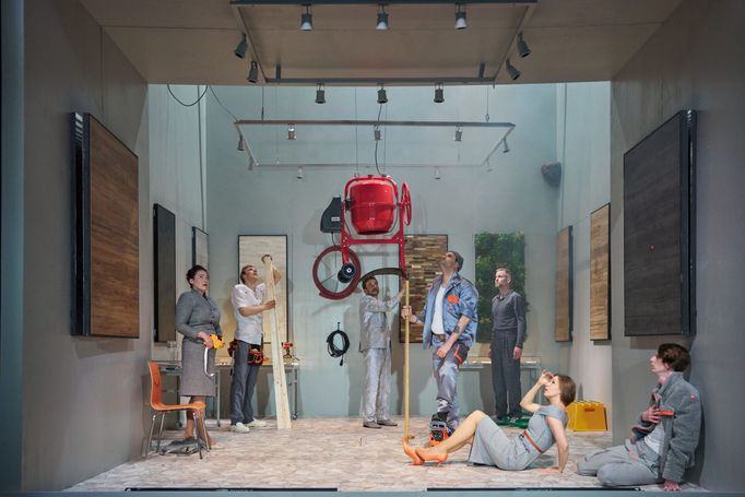 M. Sidonová, V. Vondráček, J. Žáček, M. Bednář, A. Kubátová, M. König a V. Hrabák v inscenaci Fušeři.