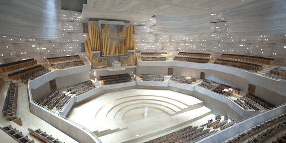Vizualizace vnitřku nového koncertního sálu v Ostravě.