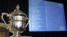 Vlevo trofej pro vítězku US Open, vpravo cesta, jak se k ní dostat.