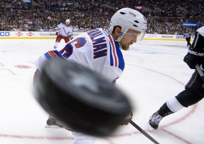 Jun 4, 2014; Los Angeles, CA, USA; New York Rangers defenseman Anton Stralman (6) watches as the puck goes into the corner in the third period during game one of the 2014