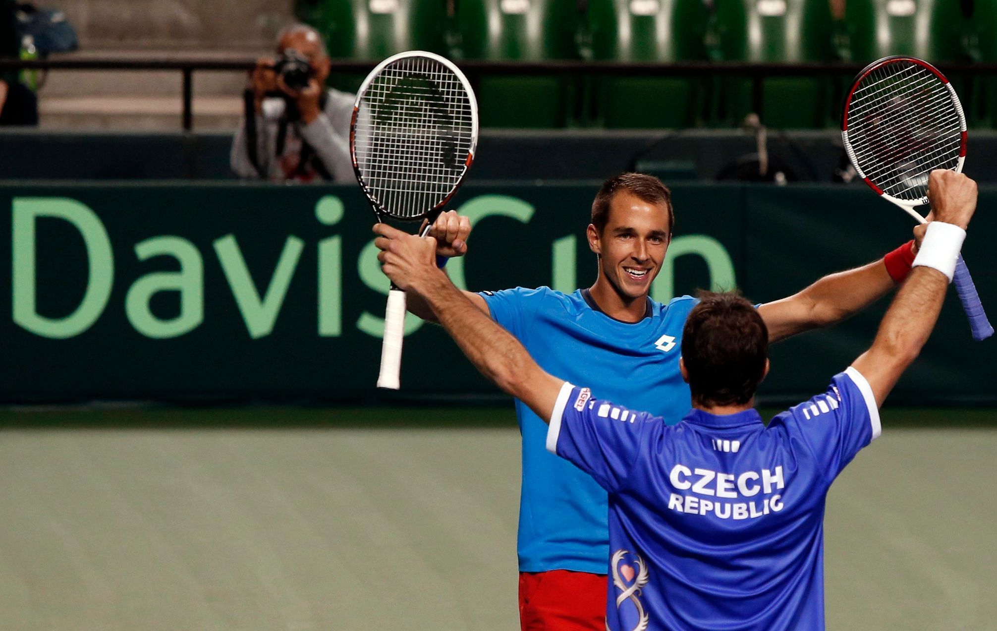 Rosol and Stepanek of Czech Republic celebrate after winning their Davis Cup men's doubles quarter-final tennis match against Japan's Ito and Uchiyama in Tokyo