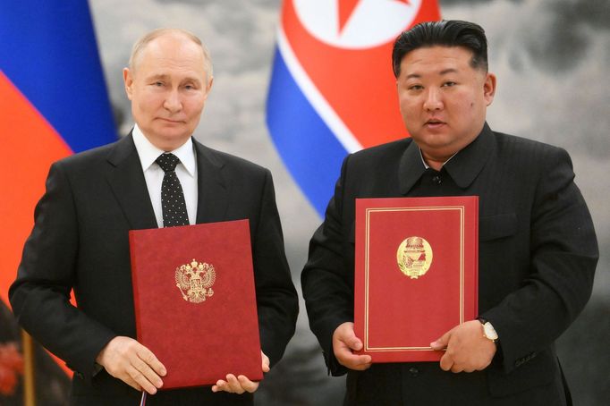 Ruský prezident Vladimir Putin a severokorejský vládce Kim Čong-un.