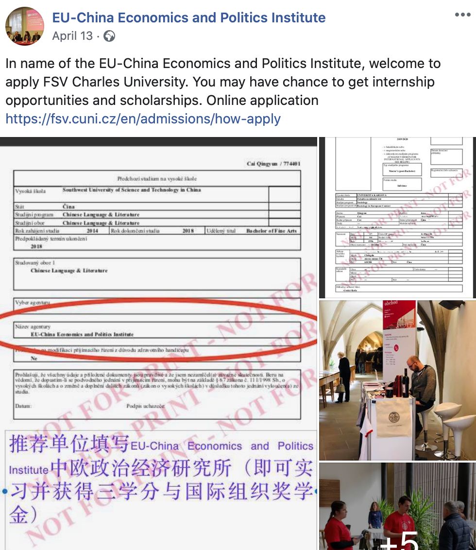EU-China Economics & Politics Institute ještě v dubnu vyzýval čínské studenty, aby se na Karlovu univerzitu přihlásili.