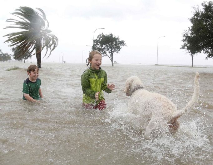 10-year-olds Joshua Keegan (L) and Ruffin Henry (C) play with Scout in a flooded area outside of the levee system along the shores of Lake Pontchartrain as Hurricane Isaac approaches New Orleans, Louisiana August 28, 2012. REUTERS/Jonathan Bachman (UNITED STATES - Tags: ENVIRONMENT DISASTER) Published: Srp. 28, 2012, 10:23 odp.