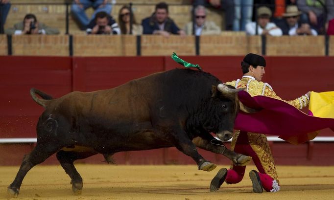 Spanish matador Fernandez performs a pass during a bullfight in Seville