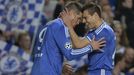 Chelsea's Fernando Torres is congratulated by Cesar Azpilicueta (R) after scoring a goal against Atletico Madrid during their Champion's League semi-final second leg socc