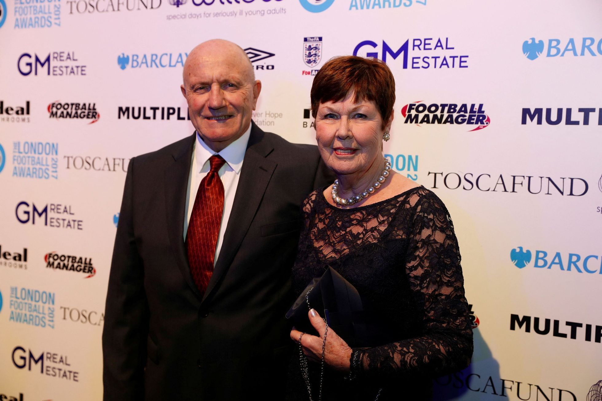 FILE PHOTO: George Cohen and his wife Daphne before the London Football Awards 2017