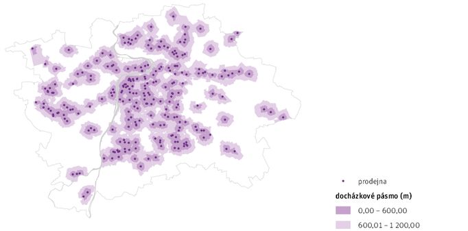 Plnosortimentní potravinářské prodejny a jejich docházková pásma