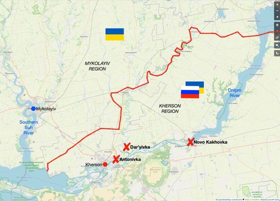 Mapa ukazuje část Chersonské oblasti na levém (východním) břehu řeky Dněpr. Ta je pro Rusy klíčová.