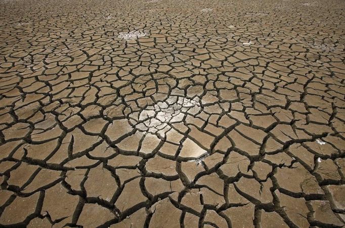 A storing reservoir is seen cracked by prolonged drought in Siheung, south of Seoul June 22, 2012. According to local media, the cumulative rainfall in Seoul from May 1 until June 19 this year totalled 10.6 mm, which is far below the average of 171 mm of the same period annually. The average rainfall of the same period last year measured 173.9 mm. South Korea suffers from the severest drought in over a century amid unusually high temperatures in June, according to local media. REUTERS/Lee Jae-Won (SOUTH KOREA - Tags: ENVIRONMENT) Published: Čer. 22, 2012, 10:24 dop.