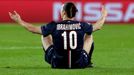 Paris St Germain's Zlatan Ibrahimovic reacts during the Champions League round of 16 first leg soccer match against Chelsea at the Parc des Princes Stadium in Paris Febru