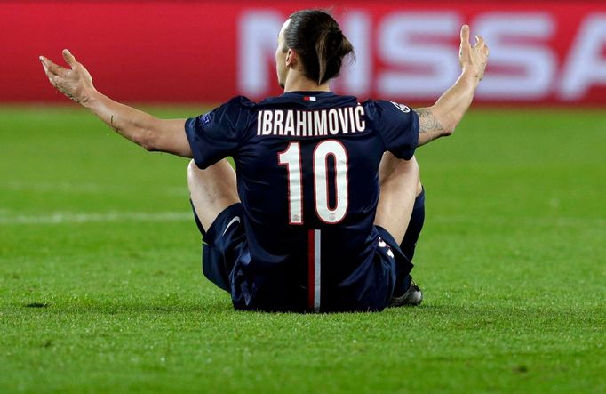 Paris St Germain's Zlatan Ibrahimovic reacts during the Champions League round of 16 first leg soccer match against Chelsea at the Parc des Princes Stadium in Paris Febru