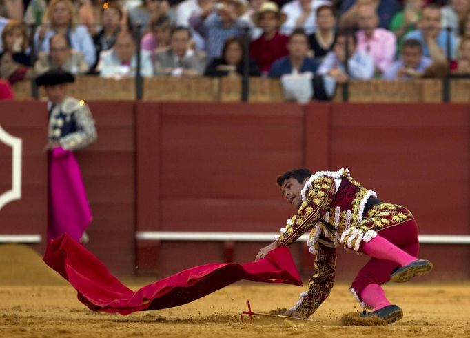 Spanish matador Jose Maria Manzanares falls in the arena during a bullfight at the Maestranza bullring in Seville