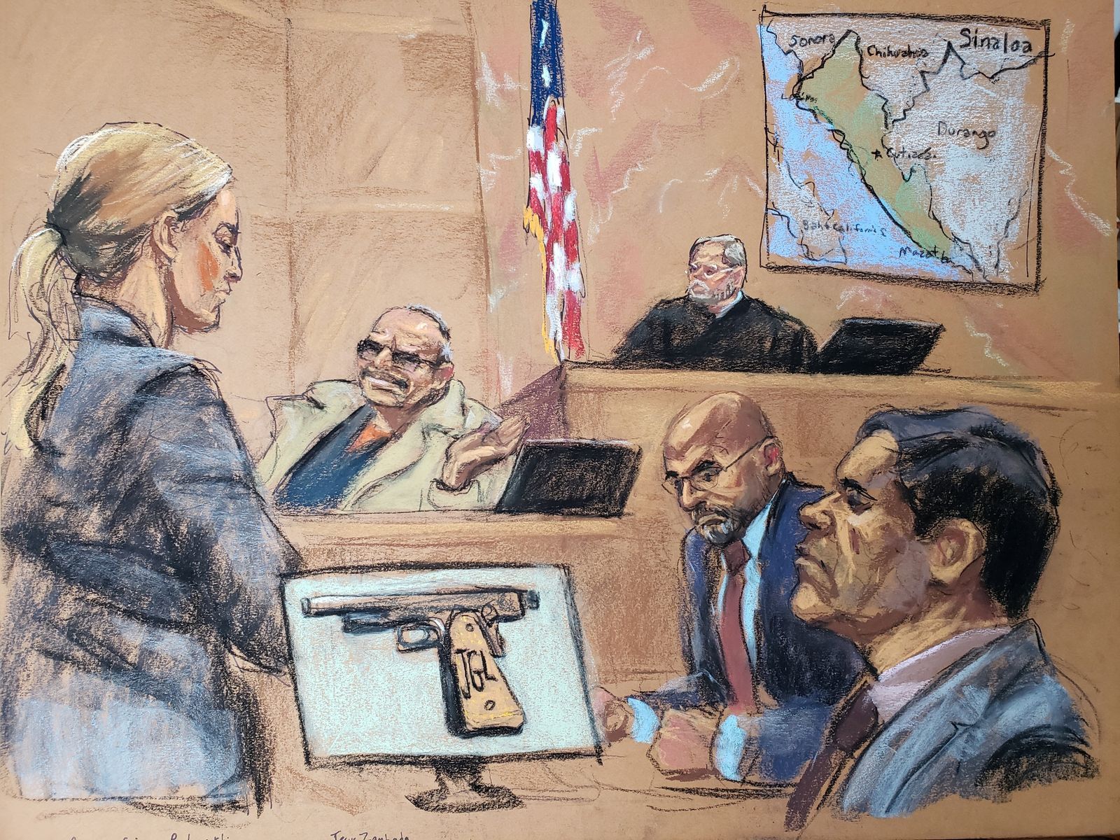 Kresba z procesu s Prckem (vpravo dole). Na snímku je uprostřed jeden z hlavních svědků Zambada.