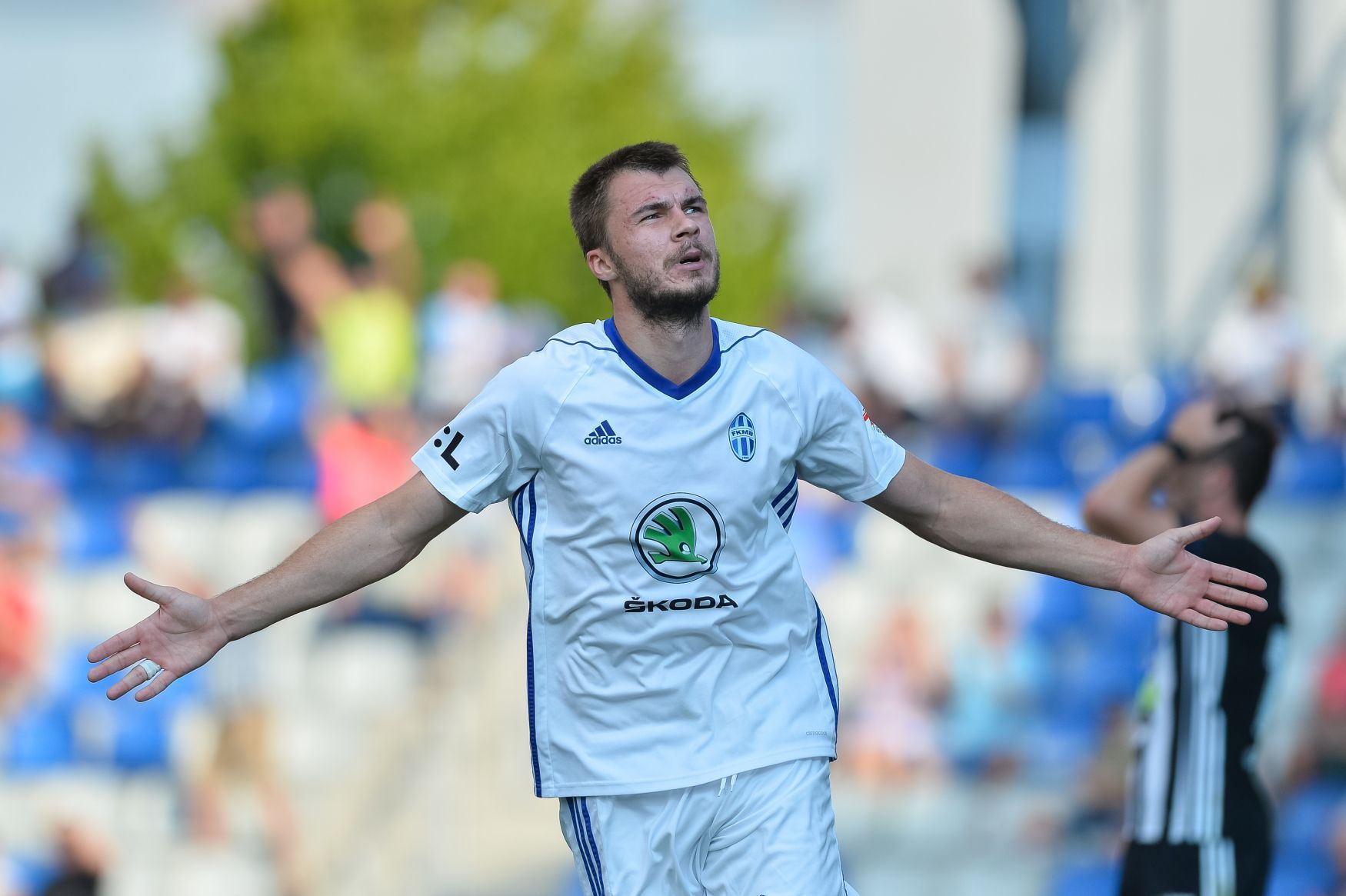 7. kolo fotbalové Fortuna:Ligy, Mladá Boleslav - České Budějovice: Domácí Nikolaj Komličenko se raduje ze vstřelené branky.