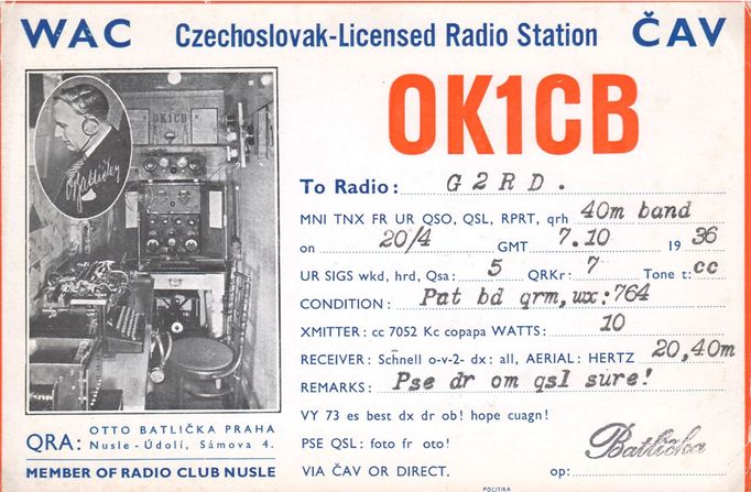 OK1CB QSL lístek za QSO 7. 10. 1936