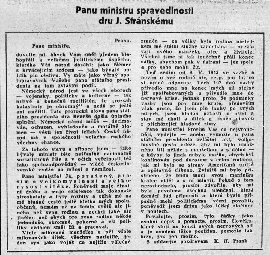 Mladá fronta, sobota 27. dubna 1946 - dopis K.H.Franka