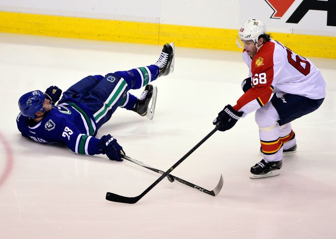 Vancouver Canucks defenseman Alexander Edler (23) goes down against Florida Panthers forward Jaromir Jagr (68)