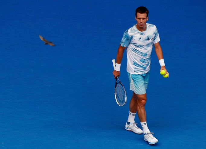 Tomáš Berdych při vítězném čtvrtfinále Australian Open s Rafaelem Nadalem.