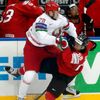 Switzerland's Blum collides with Koltsov of Belarus during the second period of their men's ice hockey World Championship group B game at Minsk Arena in Minsk