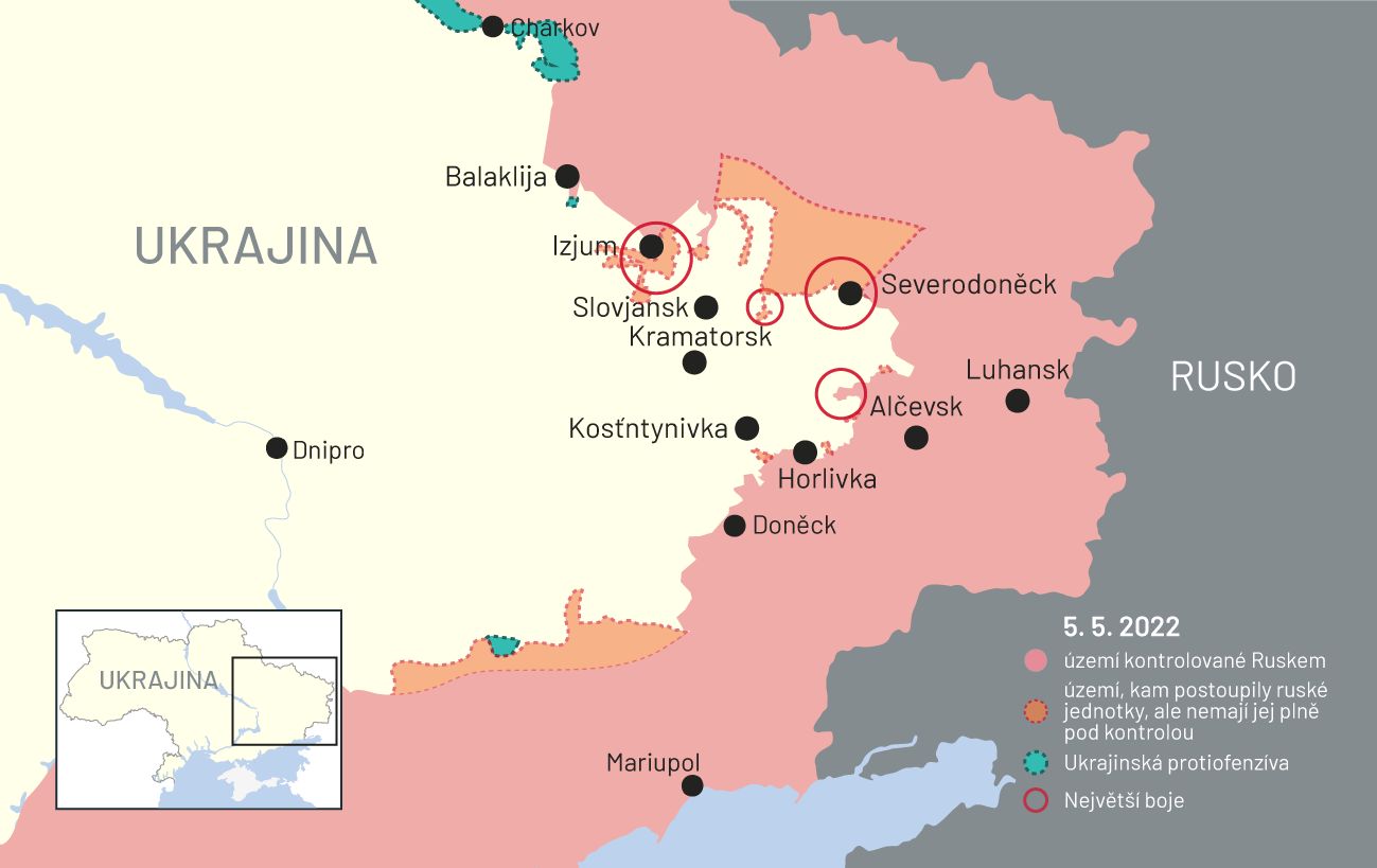 5. květen 2022: Mapa bojů na Ukrajině