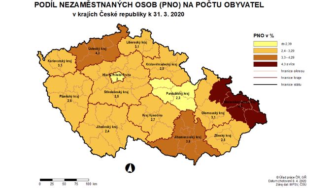 Podíl nezaměstnaných osob na počtu obyvatel v krajích ČR k 31. 3. 2020