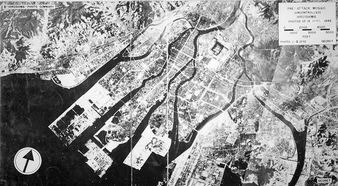 Hiroshima before atom bomb, aerial view Hiroshima before atom bomb. Image 1 of 2. Aerial photograph of the Japanese port of Hiroshima in April 1945, during World War II, several months before it was destroyed by a US atomic bomb on 6th August 1945. This image shows an area around 11 kilometres across. This was the first atomic bomb used in warfare, the second being used over Nagasaki three days later. Over 220,000 people died in the attacks, and thousands were injured. Japan surrendered a few days later. For Hiroshima after the bombing, see image T162/127.