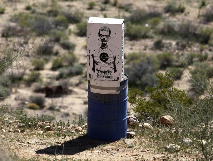 A target is displayed during the Big Sandy Shoot in Mohave County, Arizona March 22, 2013. The Big Sandy Shoot is the largest organized machine gun shoot in the United States attended by shooters from around the country. Vintage and replica style machine guns and cannons are some of the weapons displayed during the event. Picture taken March 22, 2013. REUTERS/Joshua Lott (UNITED STATES - Tags: SOCIETY) Published: Bře. 25, 2013, 3:34 odp.