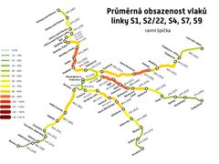 Obsazenost ranních vlaků v okolí Prahy.