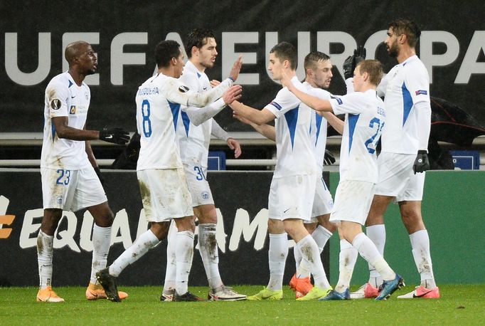 Fotbalisté Liberce slaví gól v zápase Evropské ligy Gent - Liberec