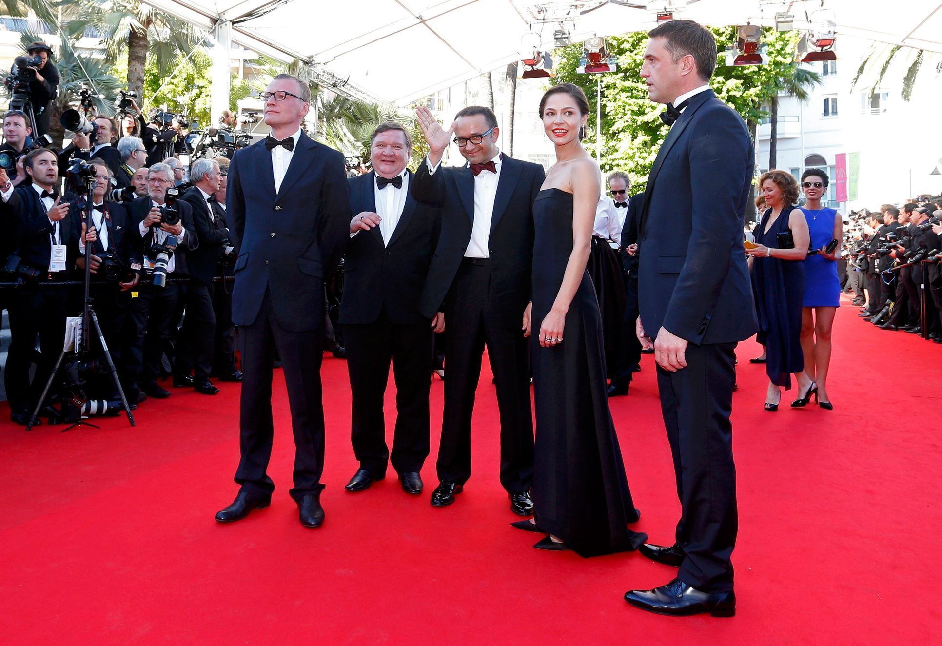 Director Andrey Zvyagintsev and cast members of his film &quot;Leviathan&quot; pose pose on the red carpet as they arrive at the closing ceremony of the 67th Cannes Film Festival in Cannes