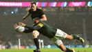 Bryan Habana of South Africa touches down a New Zealand kick over the try line during their Rugby World Cup semi-final match at Twickenham in London, Britain October 24,