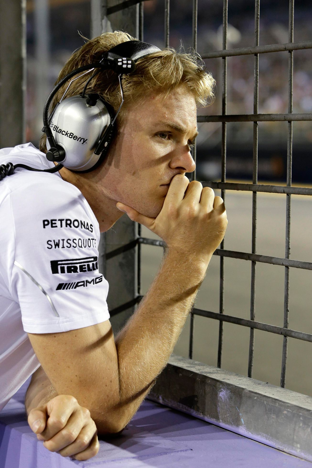 Mercedes Formula One driver Rosberg of Germany watches the race from the pitwall during the Singapore F1 Grand Prix in Singapore