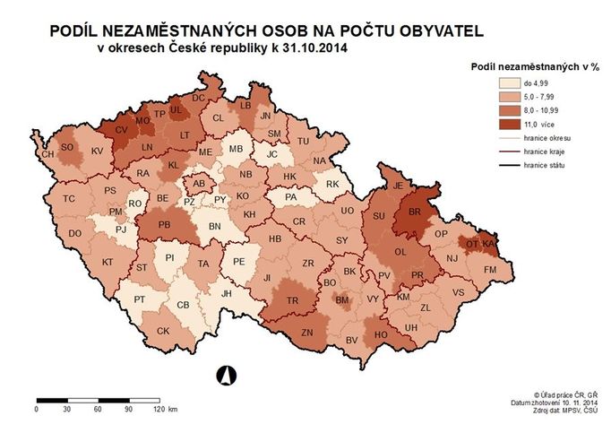 Nezaměstnanost podle regionů - říjen 2014