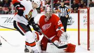 Jimmy Howard, kterého na snímku prověřuje Milan Michálek, je velkou oporou Detroitu a předpokládanou trojkou. Co by ovšem za takovou trojku leckteré týmy a reprezentace daly!