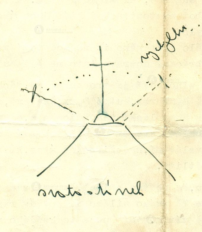 Svědecký náčrt pohybu kříže, k němuž došlo v číhošťském kostele během mše v neděli 11. 12. 1949.