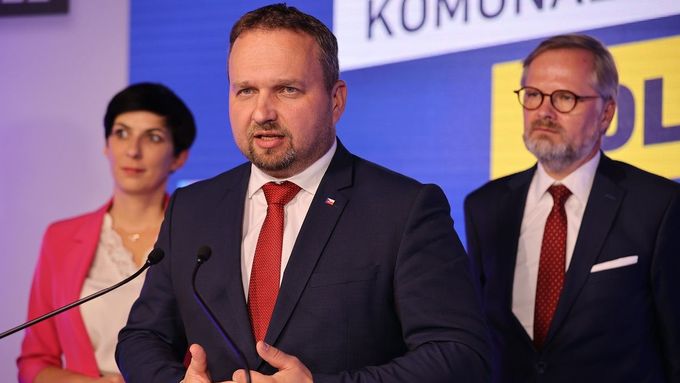 Lídři stran koalice Spolu - Petr Fiala (ODS), Markéta Pekarová Adamová (TOP 09) a Marian Jurečka (KDU-ČSL)
