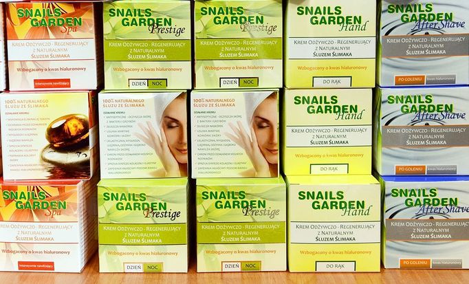 TO GO WITH AFP STORY by ANNA MARIA JAKUBEK - Cosmetics produced from snails are for sale at the "Snail Garden" farm in Krasin, northern Poland, on May 29, 2013.