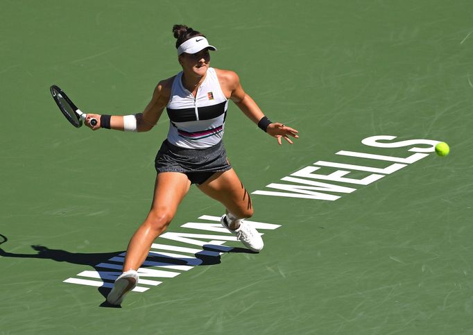 Mar 17, 2019; Indian Wells, CA, USA; Bianca Andreescu (CAN) hits a shot as she defeated Angelique Kerber (not pictured) in the final match of the BNP Paribas Open at the