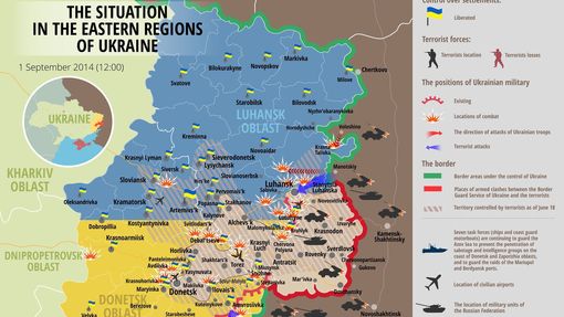 Mapa situace na východě Ukrajiny z 1. září 2014.