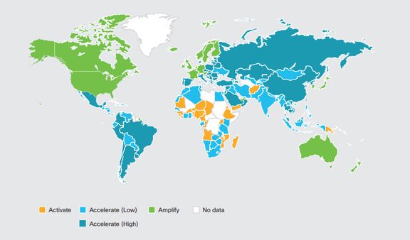 Mapa světa znázorňuje, v jaké fázi digitální připravenosti se jednotlivé země nachází.
